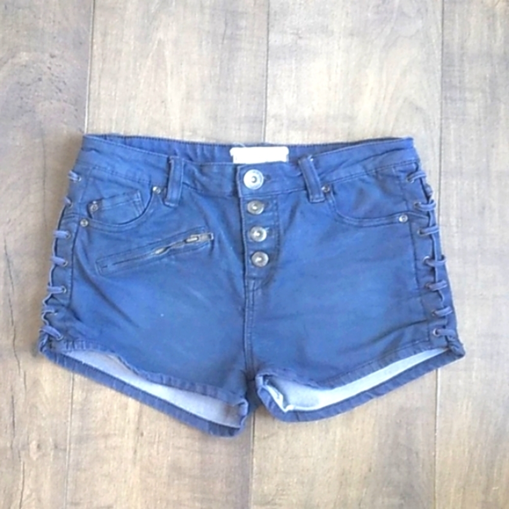 ANTHROPOLOGIE FREE PEOPLE NAVY BUTTON FL/ SIDE LACE SHORTS WOMANS 26